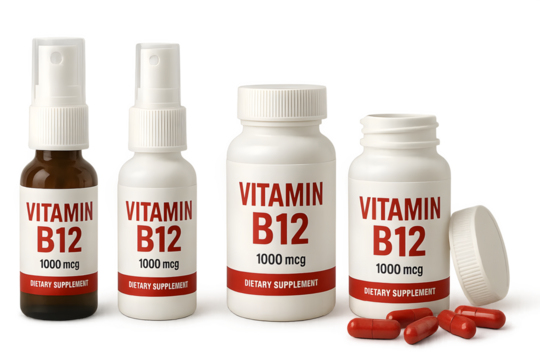 Various vitamin B12 supplements in different forms, including spray and capsule bottles. Concept Vitamin B12 Supplements, Spray vs, Capsule, Different Forms, Health Benefits
