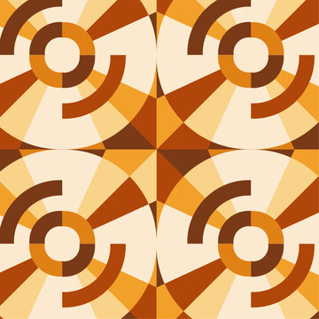 Seamless retro-style pattern in warm orange and brown tones with abstract geometric circles. Ideal for textile prints, autumn packaging, surface design, stationery, wall art, and commercial use.