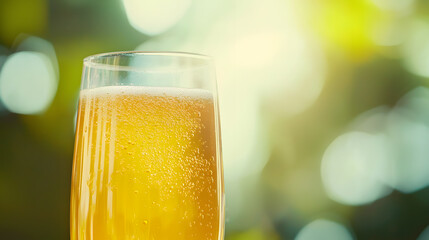 Refreshing Summer Drink: Close-up of a glass of sparkling, golden-hued beverage, possibly beer or cider, with a blurred, sun-drenched green background suggesting an outdoor setting.