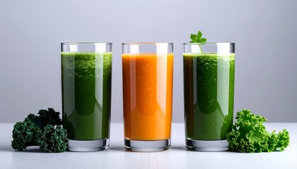 Fototapeta premium Healthy Green and Orange Smoothies in Glasses with Fresh Kale Delicious Refreshing Drinks