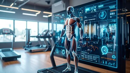 Futuristic gym scene featuring a digital human anatomy model with fitness data displayed - Powered by Adobe