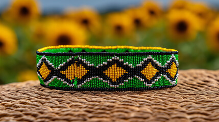 Beaded bracelet in green, black, and gold on woven fabric, symbolizing South African Youth Day pride and heritage.