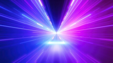 Fototapeta premium Vibrant neon rays converge at a luminous triangle, creating a dynamic, symmetrical light burst