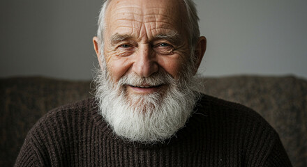 A heart warming close up portrait of a smiling old man with a white beard