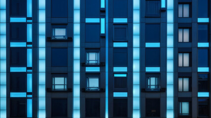 Obraz premium Symmetrical Urban Architecture with Blue Window Lights on Contemporary Building