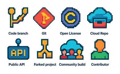 Fototapeta premium Development tools pixel art icons set – coding, open source, tech symbols
