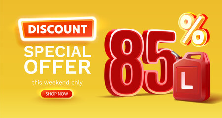 Discount on a canister of gasoline liters, 85 percent discount on liters. Vector illustration