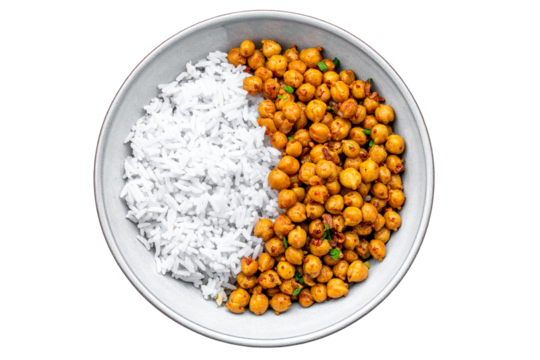 Pencil sketch of rice with fried chickpeas, top view isolated on transparent background
