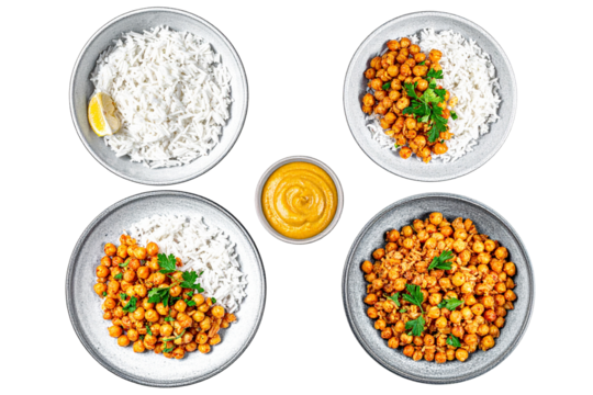 Set of Pencil sketch of rice with fried chickpeas, top view isolated on transparent background