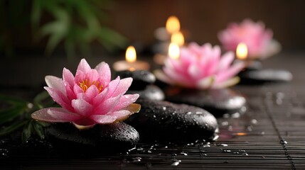 Tranquil Pink Lotus Flowers on Black Spa Stones with Candles