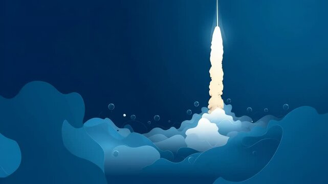 Illustration of a rocket taking off with bright flames and vapor against a dark blue background with abstract cloud designs