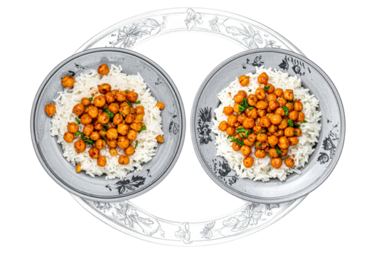 Two Pencil sketch of rice with fried chickpeas, top view isolated on transparent background