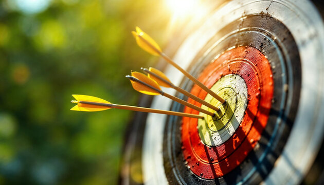 close-up of target board with arrows in bullseye, bright natural light.