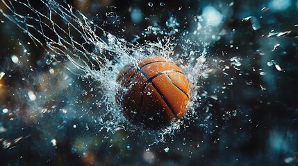Basketball breaking through the net mid-dunk with fragments flying in a captivating action moment