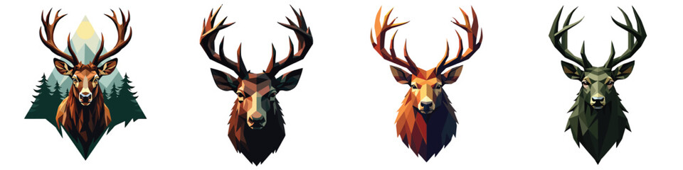 Low-poly Set of forest elk head in a vector illustration against a Transparent or white background, A trendy and modern logo design, making it suitable for printing.