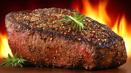Gewürztes Steak mit Kräutern und Grillstreifen vor Flammenkulisse
