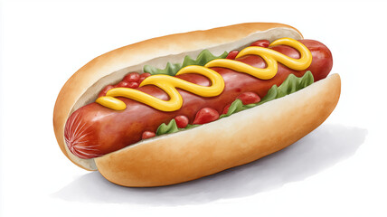 Watercolor illustration of hot dog with mustard and ketchup on bun with lettuce, isolated on white background, showing delicious and appetizing food item