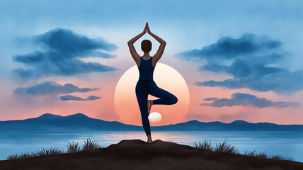 Person practicing yoga in tree pose on hilltop at sunrise with calm lake and mountains in background, creating peaceful and serene atmosphere