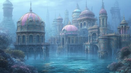 Obraz premium Misty, underwater city of ornate, pastel-hued buildings