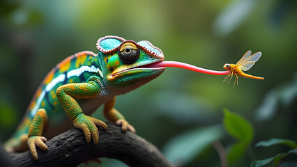 Fototapeta premium High resolution image of colorful chameleon catching dragonfly with its long tongue in vibrant natural setting