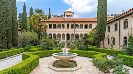 Obraz premium A tranquil courtyard with a fountain, lush gardens, and a historic building