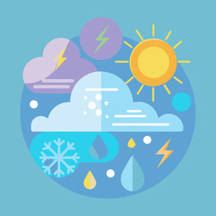 Weather forecast icon featuring clouds, sun, rain, lightning, and thunder, representing various weather conditions.