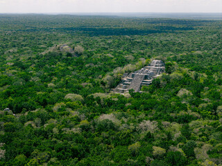 Aerial shot of three Mayan pyramids peaking out of the jungle at Calakmul, Mexico