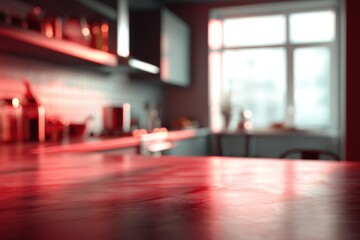 Obraz premium Red kitchen tabletop modern interior design background room home blur warm tone shiny clean light