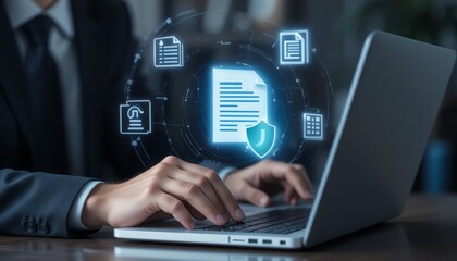 Businessman Securing Documents on Laptop