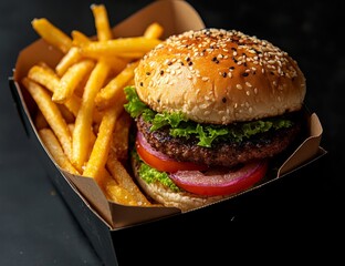 Freshly made burger and fries in a box.  A juicy beef patty, crisp fries, and toppings nestled within a paper container
