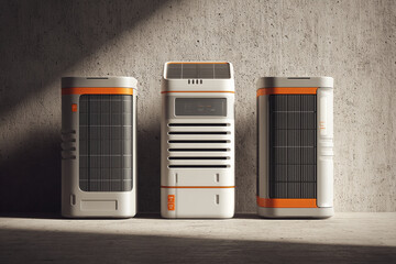 Three futuristic, orange-accented devices against a textured wall, showcasing sleek design and technology, representative of innovation and modern energy solutions