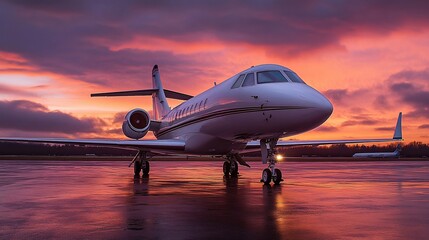 Private jet bathed in the warm colors of sunset at the airfield terminal