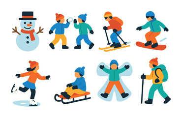 Winter sports flat icons set – skiing, snowboarding, outdoor adventure symbols