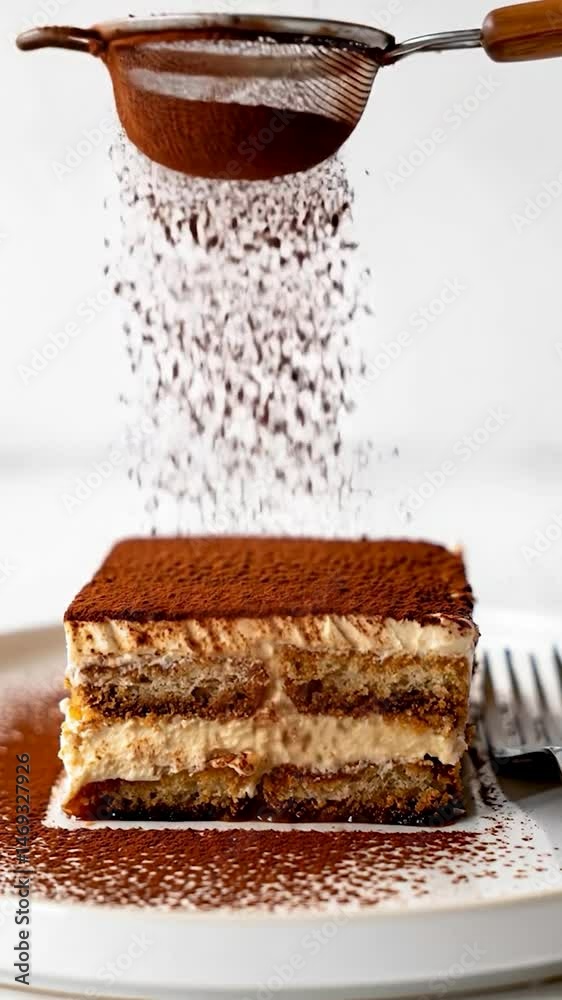 Poster a layered tiramisu dessert on a white plate, with cocoa powder being sifted over it from a sieve, cr