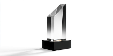 Clear glass award on black base, showcasing achievement or recognition, ideal for corporate events or celebrations, simple elegant design