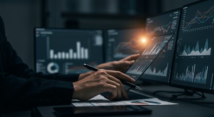 Data Analyst Working Late, Analyzing Financial Market Trends on Multiple Screens