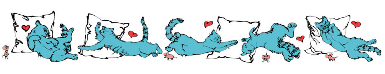Set of domestic blue cats in different poses with pillows isolated on white background. Background filled with mice and hearts. Composition horizontal