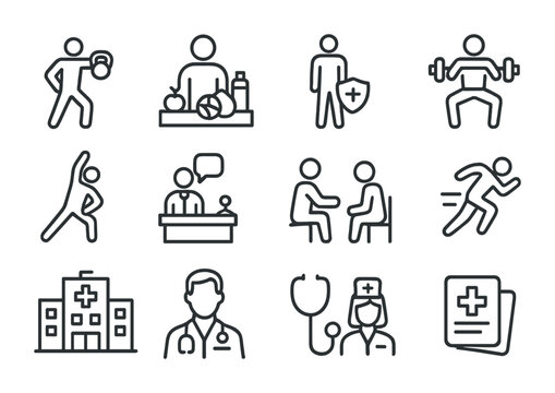 Fitness and health line icons set – wellness, exercise, medical symbols