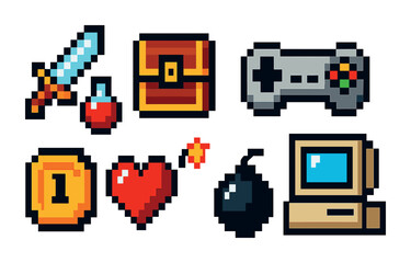 Retro gaming pixel art icons set – 3d, filled, video game symbols