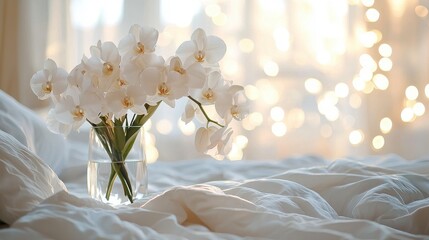 Elegant white orchids gracefully adorn a comfortable bed, creating a serene and calming ambiance. Soft, warm light from decorative lights gently illuminates the scene.