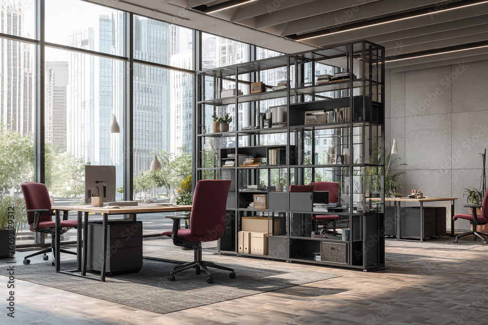 Poster modern office interior design showcasing two workstations separated by a stylish metal shelf unit, l