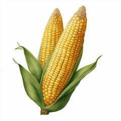 Two ripe yellow corn cobs with green husks partially peeled back, showing plump kernels in natural and fresh presentation. image conveys freshness and harvest