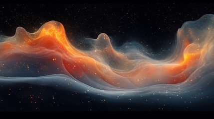 Abstract cosmic wave formation with glowing orange and blue particles against dark background, digital art for technology concept