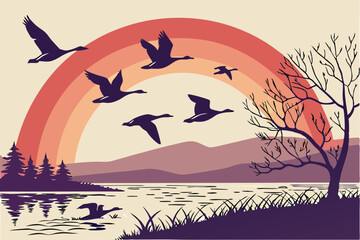 85 birds flying over water at sunset, flock of geese against colorful sky, dramatic silhouetted waterfowl in scenic landscape, dramatic avian flight composition, nature wildlife scene, ethereal atmosp © Md Ruhul Amin