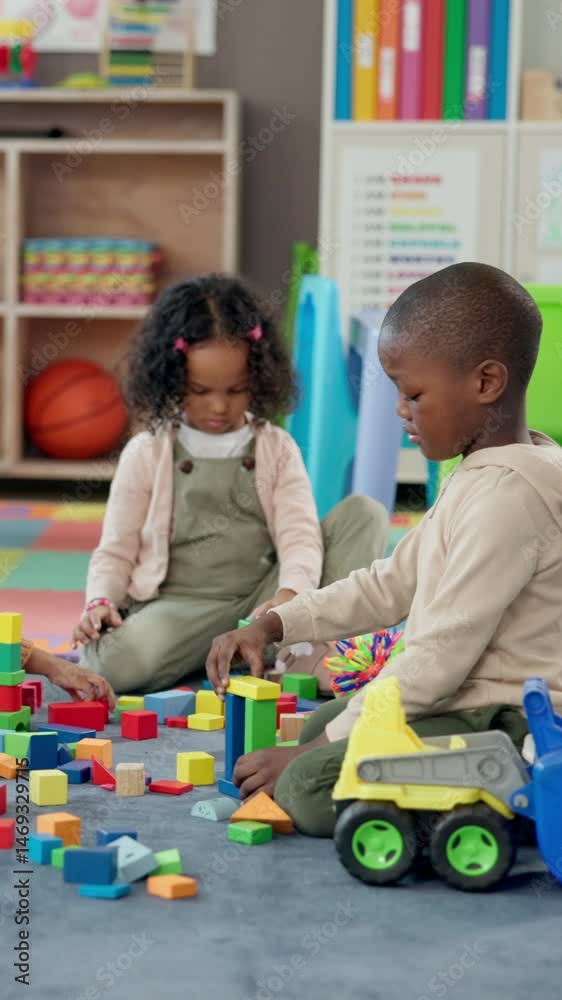 Poster building blocks, education and children in classroom for play time in morning at preschool. happy, s
