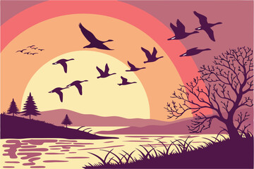 85 birds flying over water at sunset, flock of geese against colorful sky, dramatic silhouetted waterfowl in scenic landscape, dramatic avian flight composition, nature wildlife scene, ethereal atmosp © Md Ruhul Amin