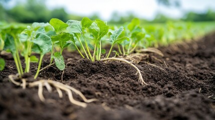 A no-till farming field with healthy soil structure and thriving plant roots, 