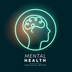 glowing neon human head mental health campaign poster