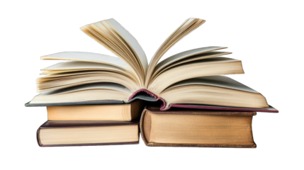 A Stack Of Three Hardcover Books With The Top Book Open Revealing Blank Pages The Books Are Arranged In A Staggered Formation And Are Isolated On A Transparent Background