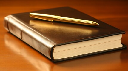A close up of a dark brown leather bound book with a gold pen resting on top of the cover on a table